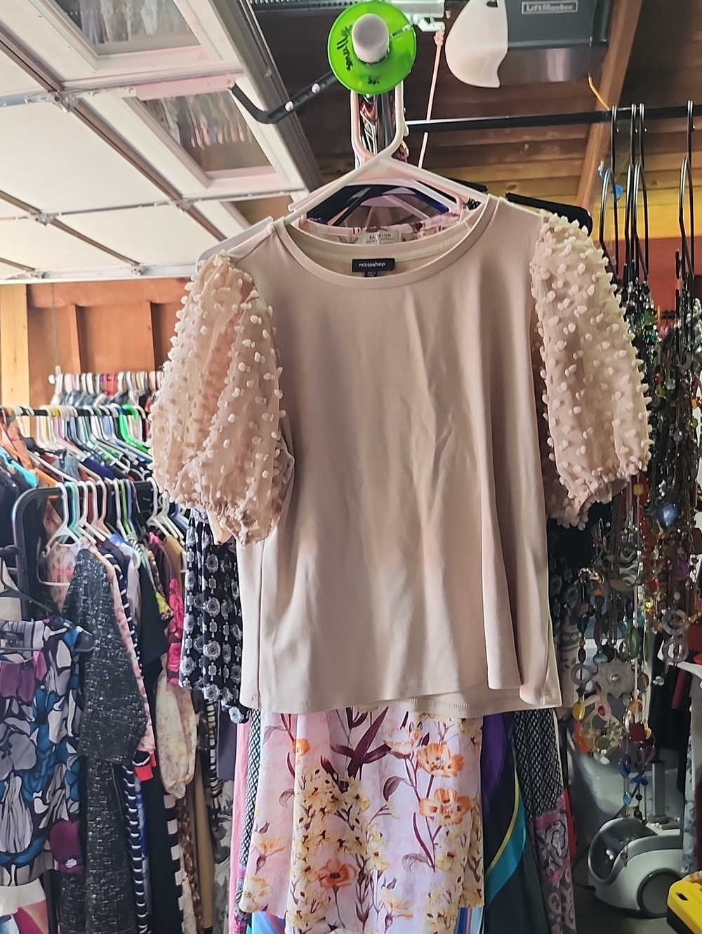 mittoshop Cream Puff-Sleeve Blouse with Textured Dot Sleeves